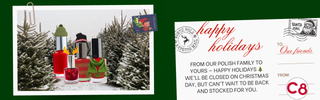 Holiday-themed product display with Christmas trees and a 'Happy Holidays' card.