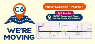 Advertisement for C8 Moving service with new location details and map.