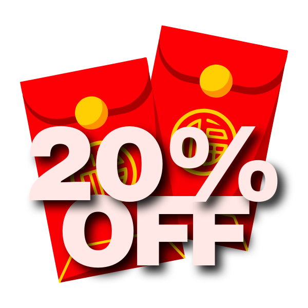 Two red envelopes with gold symbols and '20% OFF' text on a white background