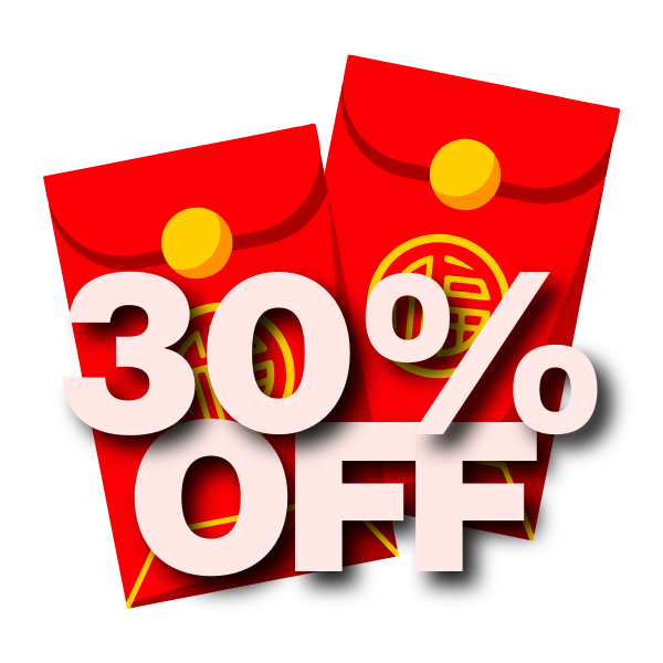 Red envelopes with a '30% OFF' discount text on a white background