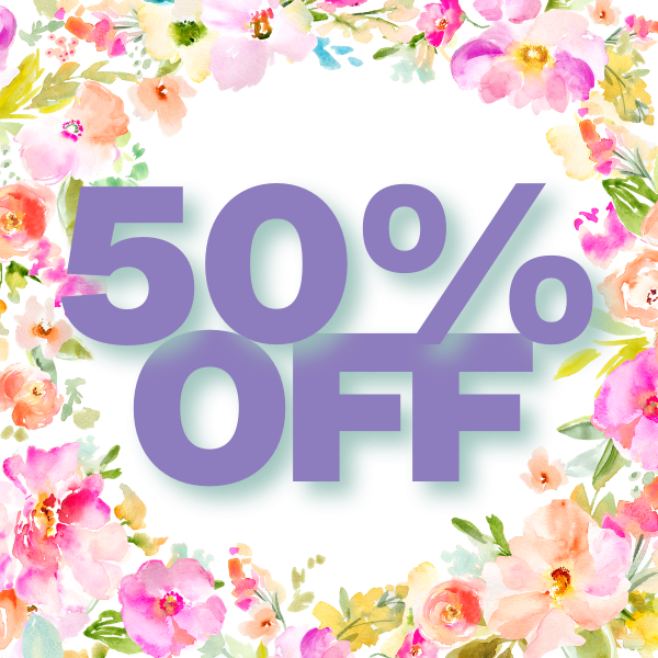 50% off text surrounded by colorful floral decorations on a white background