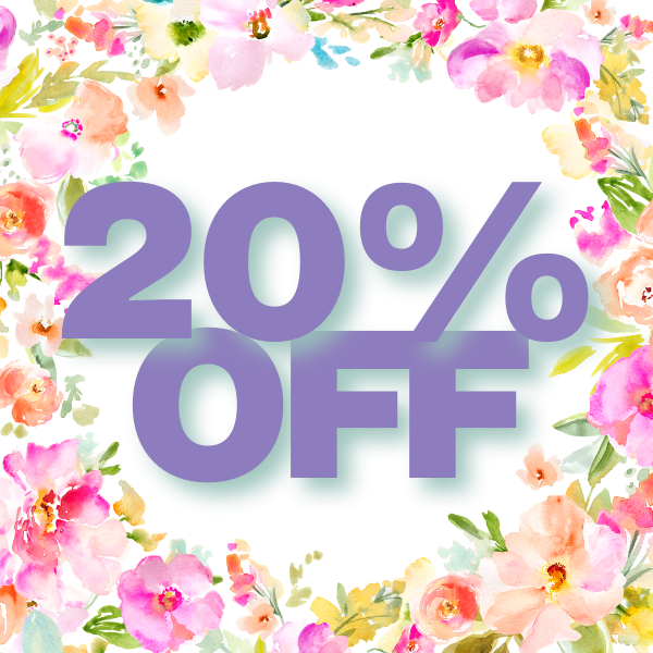 20% off text surrounded by colorful floral decorations on a white background