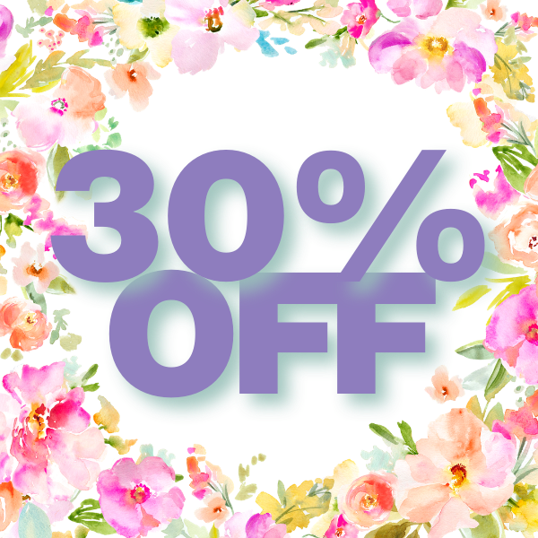 30% off text surrounded by colorful floral decorations on a white background