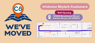 Advertisement for C8 Nail Supply New Location with a map and contact information on a beige background.