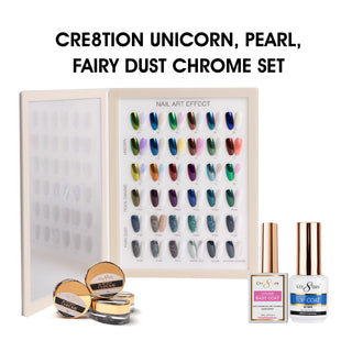 Cre8tion Chrome Nail Art Effect 1g - 36 Colors (Unicorn, Pearl Chrome, Fairy Dust) w/ 1 Chrome Base & 1 Chrome Top 0.5oz