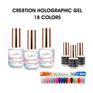 Cre8tion Holographic Gel 0.5oz - Full Set 18 colors w/ 3 Top Diamond 0.5oz & 1 Color Chart