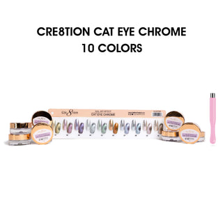 Cre8tion Cat Eye Chrome Nail Art 1g - Full Set 10 colors w/ 1 Round Shape Magnet & 1 Color Chart