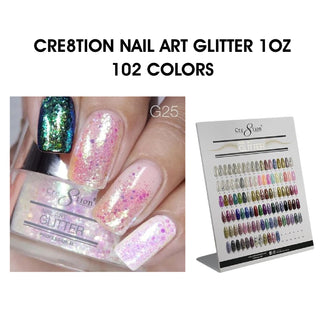 Cre8tion Nail Art Glitter - Full Set 102 Colors w/ 1 Set Display Foam
