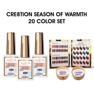 Cre8tion Cat Eye Season of Warmth Collection - Full Set 20 Colors w/ 1 Color Book, 1 Opalite & 1 Glaze Plus Nail Art Effect