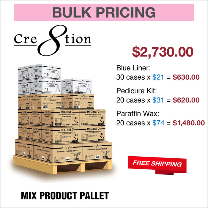 Paleta de productos Cre8tion Mix: 30 cajas de Blue Liner, 20 cajas de kit de pedicura, 20 cajas de cera de parafina