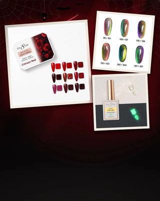 Cre8tion Crimson Red art gel, Cat Eye Duo and Glow Top Gel