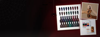 Halloween nail supplies: PLA Eternal Night gel colors, black nails and Halloween art gel on a black and red background with spider webs