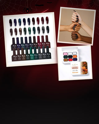 Halloween nail supplies: PLA Eternal Night gel colors, black nails and Halloween art gel on a black and red background with spider webs