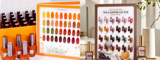Chance by Cre8tion Afternoon Tea gel bottles and color chart in an orange box, next to the Cre8tion Tea and Coffee cat eye color board