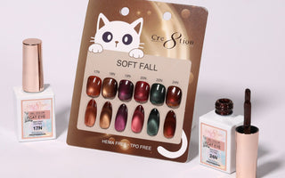 Cre8tion Cat Eye Soft Fall display card with six magnetic shades and two bottles, one open with the brush out