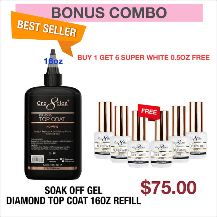 (Bonus Combo) Cre8tion Gel Diamond No Wipe Top Coat 16oz Refill - Buy 1 Get 6 Super White 0.5oz Free