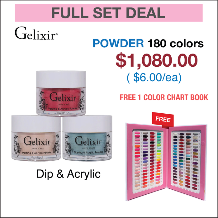 Gelixir Dip Powder Matching Color - Juego completo de 180 colores con 1 libro de gráficos de colores