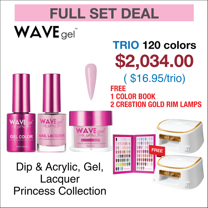 Wavegel Trio Matching Color - Princess Collection - Full set 120 Colors w/ 2 Cre8tion White with Gold Rim Lamps & 1 set Color Book