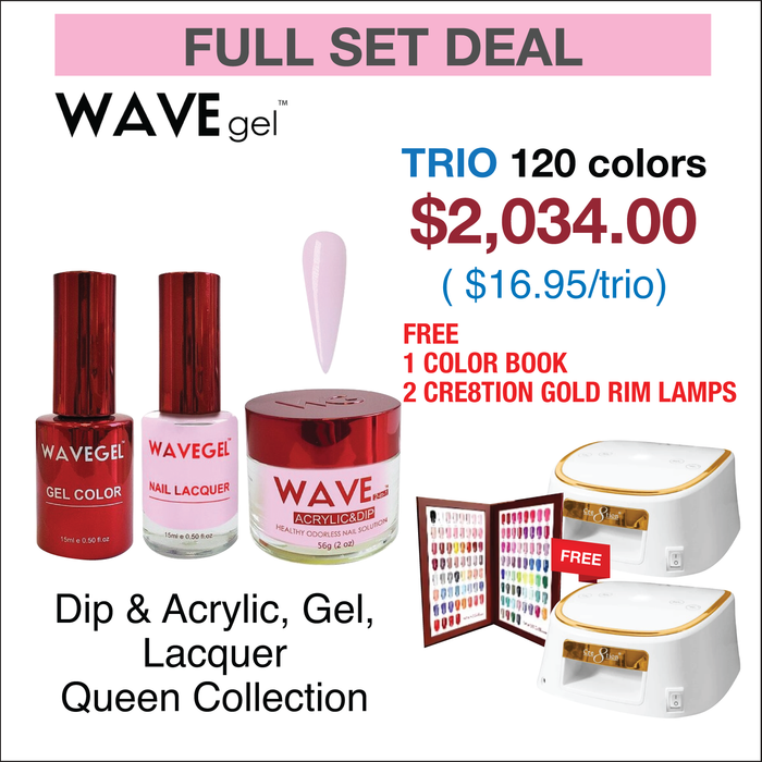 Wavegel Trio Matching Color - Queen Collection - Full set 120 Colors w/ 2 Cre8tion White with Gold Rim Lamps & 1 set Color Book