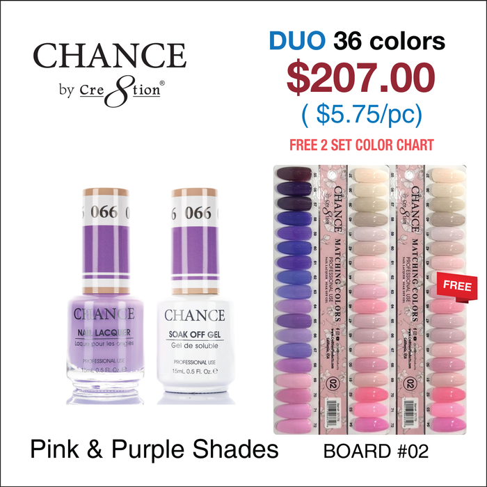 Chance Matching Color Gel &amp; Nail Lacquer 0.5oz - 36 colores #037 - #072 - Colección de tonos rosa y morado con 2 juegos de carta de colores