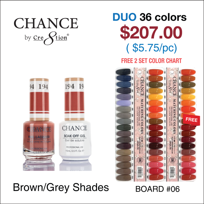 Chance Matching Color Gel & Nail Lacquer 0.5oz - 36 Colors #181 - #216 - Brown/Grey Shades Collection w/ 2 set Color Chart