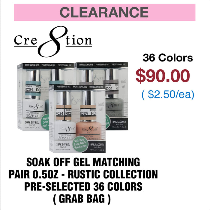 Cre8tion Soak Off Gel Matching Pair 0.5oz - Rustic Collection  - Pre-selected 36 colors (Grab Bag)