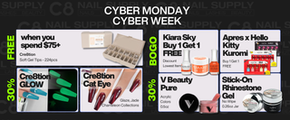 Promotional banner for Cyber Monday and Cyber Week with nail supply products and discounts.