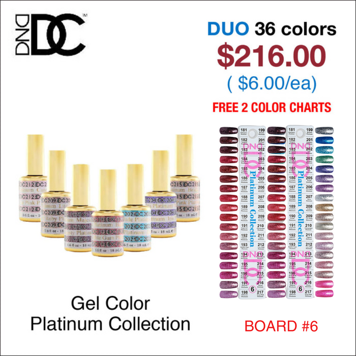 DND DC Platinum Gel Collection 0.5oz - 36 colors Board 6 (#181 - #217) w/ 2 Color Charts