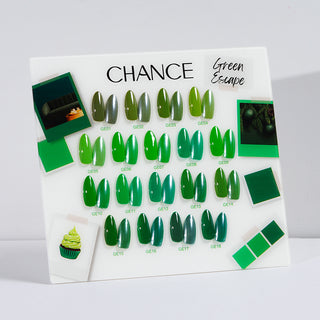 Chance Green Escape Collection 0.5oz - 18 Colors w/ 1 Counter Display, 3 Chance No Wipe Top Coat 0.5oz & 1 Cre8tion White Pearl Chrome