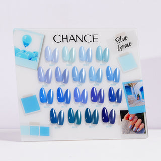 Chance Blue Grace Collection 0.5oz - 18 Colors w/ 1 Counter Display, 3 Chance No Wipe Top Coat 0.5oz & 1 Cre8tion White Pearl Chrome