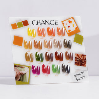 Chance Autumn Sunset Collection 0.5oz - 18 Colors w/ 1 Counter Display, 3 Chance No Wipe Top Coat 0.5oz & 1 Cre8tion White Pearl Chrome