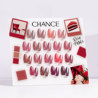 Chance Rose Petals Collection 0.5oz - 18 Colors w/ 1 Counter Display, 3 Chance No Wipe Top Coat 0.5oz & 1 Cre8tion White Pearl Chrome