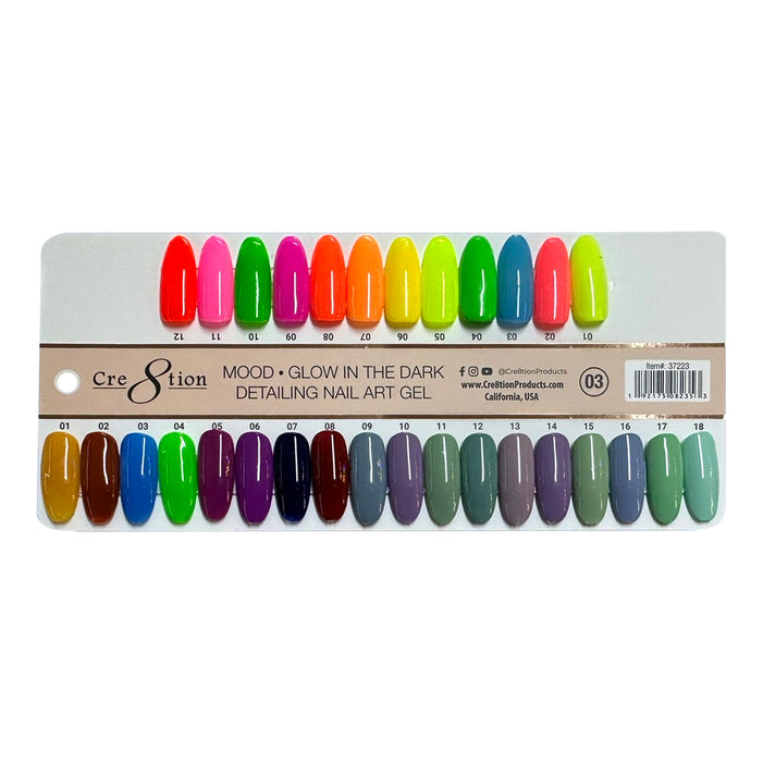 Cre8tion Color Chart - Detailing Nail Art Gel - Mood & Glow in the Dark 30 colors