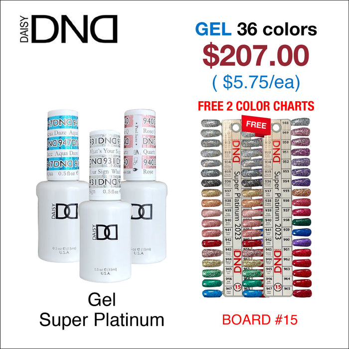 DND Super Platinum Gel Collection 0.5oz - 36 colors Board 15  (#930 - #965) w/ 2 Color Charts