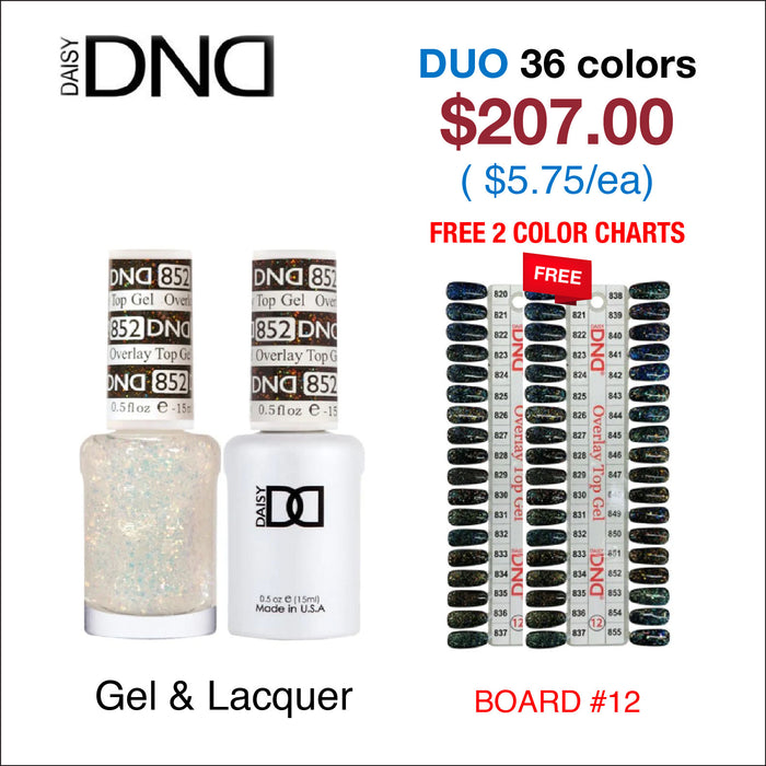 DND Duo Matching Color - 36 colors Board 12 - Overlay Glitter Top Gel Collection (#820 - #855) w/ 2 color charts
