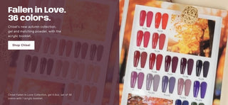 A promotional graphic for Chisel's 'Fallen in Love' collection of 36 nail colors, showing a left side with text and a right side displaying a color chart with various nail polish shades.
