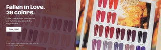 A nail color display card showing multiple faux nail tips in shades of red, pink, mauve, purple, and brown, alongside promotional text reading 'Fallen in Love. 36 colors.
