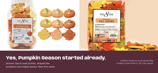 Two jars of Cre8tion Spice cookies with decorative autumn-themed packaging, shown alongside small pumpkin-shaped and fall leaf-shaped cookies. The image includes promotional text at the bottom reading 'Yes, Pumpkin Season started already.