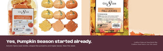 Two jars of Cre8tion Spice cookies with decorative autumn-themed packaging, shown alongside small pumpkin-shaped and fall leaf-shaped cookies. The image includes promotional text at the bottom reading 'Yes, Pumpkin Season started already.