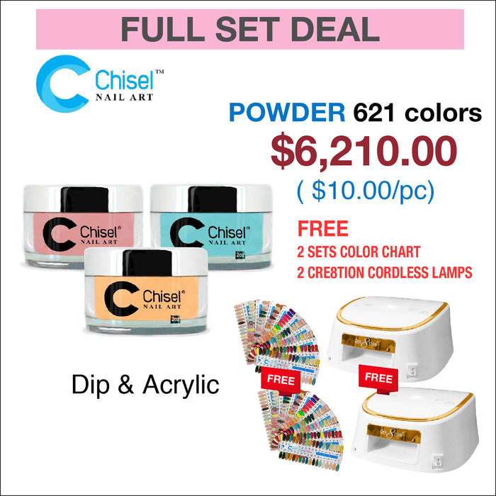 Chisel Full Set - Dipping Powder 2oz - 627 colores con 2 juegos de tabla de colores y 2 Cre8tion White con lámparas con borde dorado