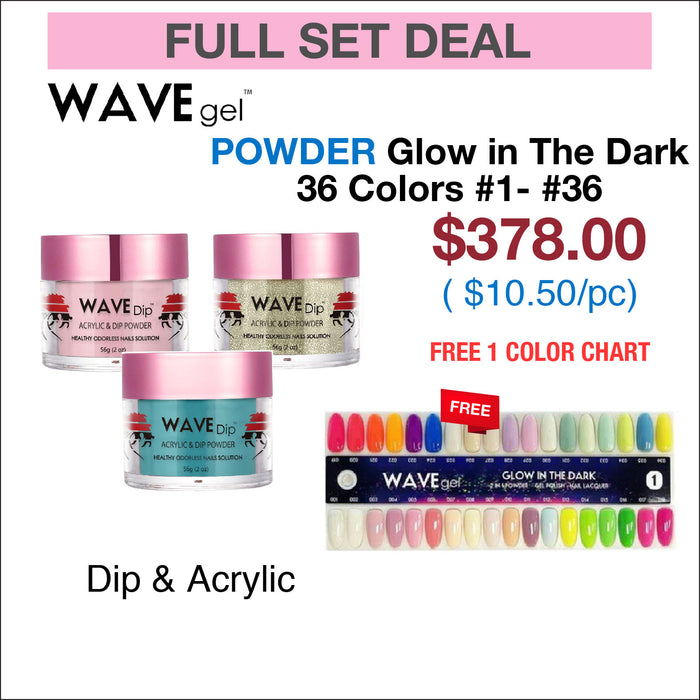Wavegel Matching Powder 2oz - Juego completo que brilla en la oscuridad 36 colores #1-36 con 1 tabla de colores