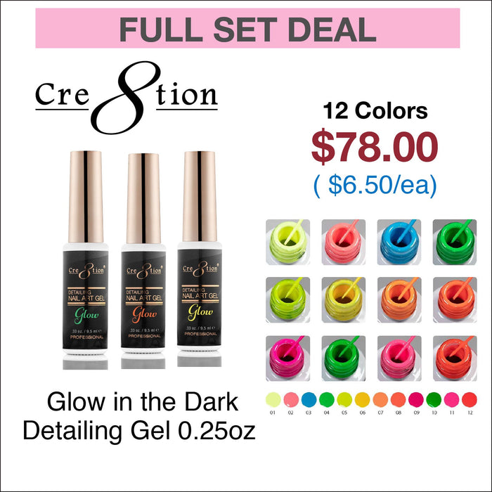 Cre8tion Glow in the Dark Detailing Gel 0.25oz - Juego completo de 12 colores