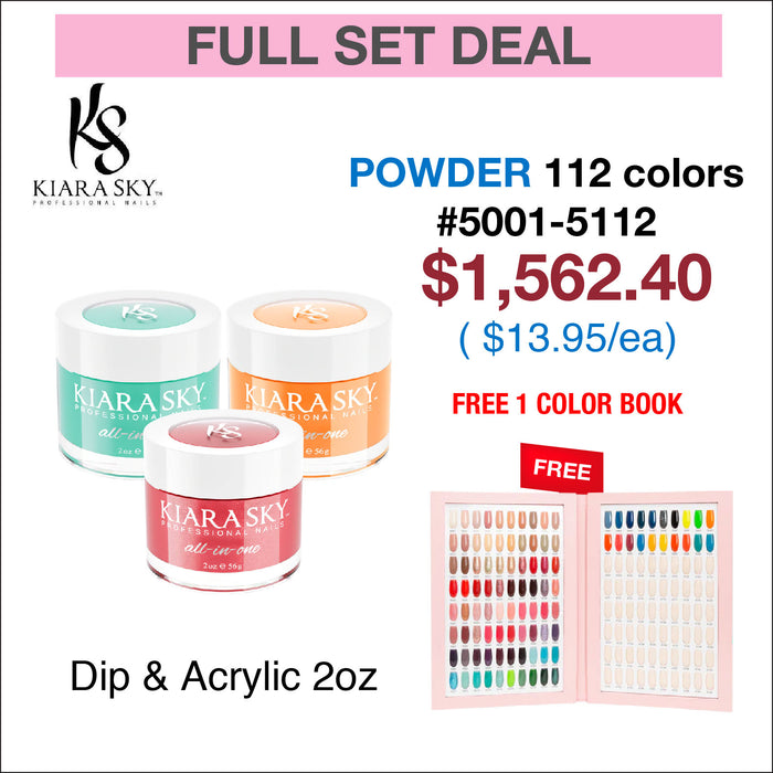 Kiara Sky All In One - Dip Powder Color 2oz - Juego completo de 112 colores #5001-5112 con 1 libro de colores