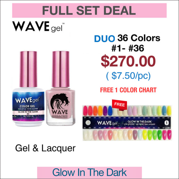 Wavegel Matching Duo 0.5oz - Full set Glow in The Dark 36 Colors #1-36 w/ 1 Color Chart