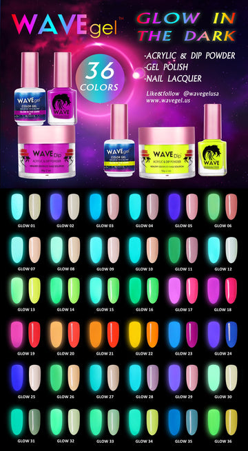 Wavegel Matching Powder 2oz - Juego completo que brilla en la oscuridad 36 colores #1-36 con 1 tabla de colores