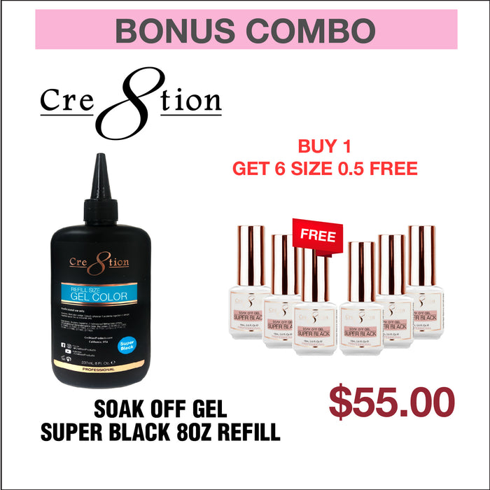 Combo adicional: Cre8tion Soak Off Gel Super Black, recambio de 8 oz, compre 1 y obtenga 6 tamaños de 0,5 oz gratis