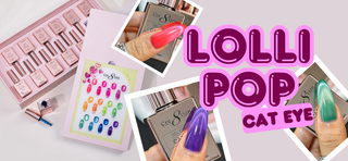 A collage-style promotional graphic for Lollipop Cat Eye nail polish. The image features several inset photos showing hands with painted nails in pink, red, green, and purple, alongside a pink nail polish palette and a card displaying multiple colored nail polish tips.