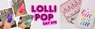 A promotional collage for Lolli Pop Cat Eye press-on nails. The center features the brand name 'LOLLI POP' in bold pink letters with 'CAT EYE' underneath.