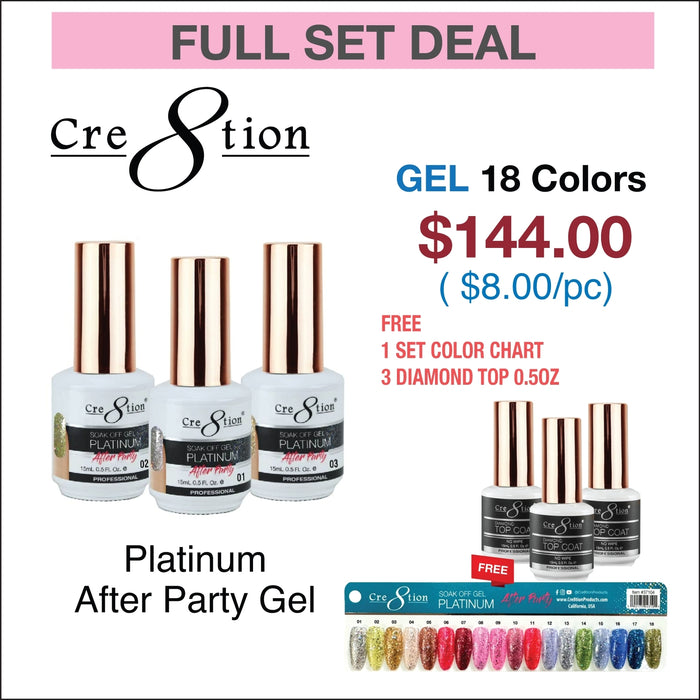 Cre8tion Platinum After Party Gel 0.5oz - Full Set 18 colors w/ 3 Top Diamond 0.5oz & 1 Color Chart