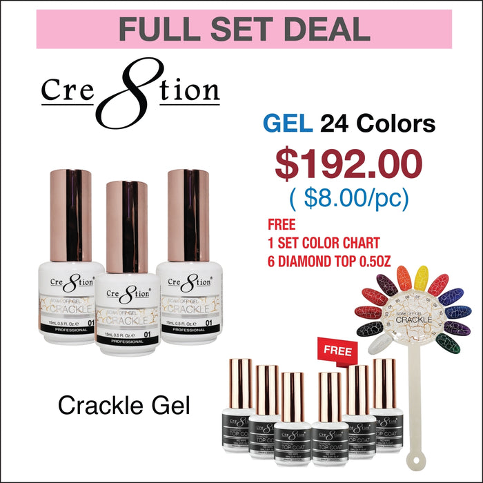 Cre8tion Crackle Gel 0.5oz  - Full Set 24 colors w/ 6 Top Diamond 0.5oz & 1 Color Chart